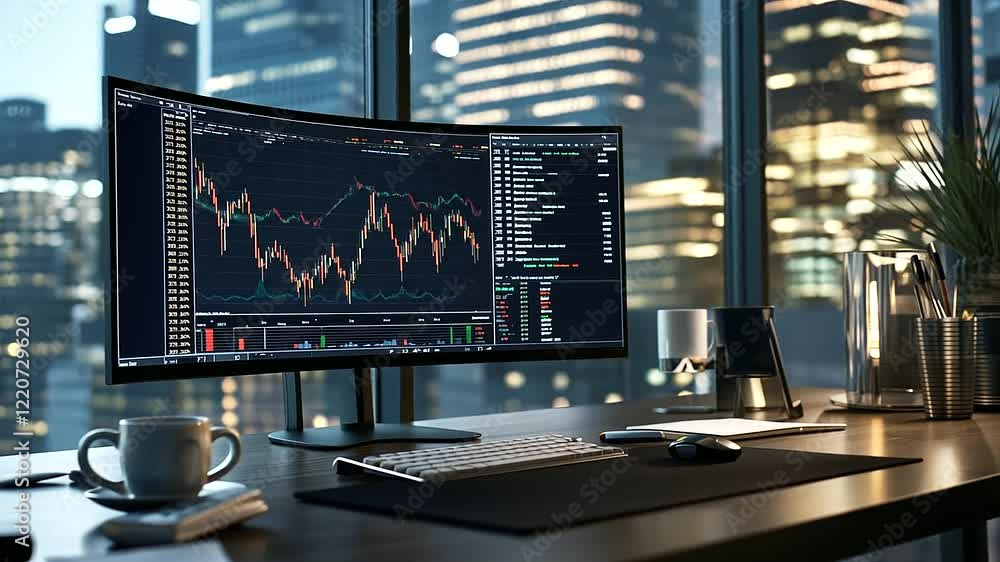 Poster a computer desk setup with a glowing candlestick chart and volume data on a widescreen monitor, symb
