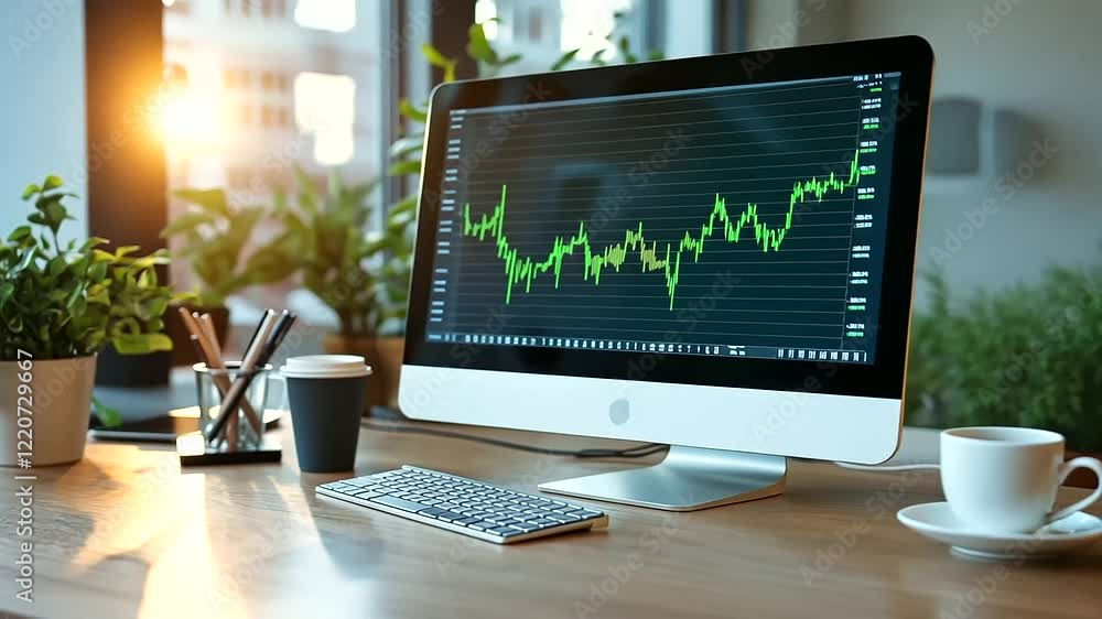 Poster a brightly lit financial workspace featuring a computer screen displaying a green candlestick chart 