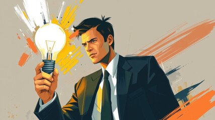 A determined man in a suit holds a glowing light bulb, symbolizing innovation and creativity against a colorful, abstract background.