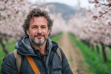 Farmer smiling in blooming orchard during spring season