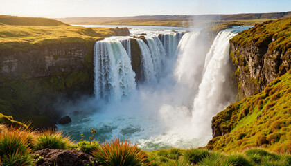 Fototapeta premium Upward waterfall surrounded by lush cliffs in bright sunlight, nature's wonder