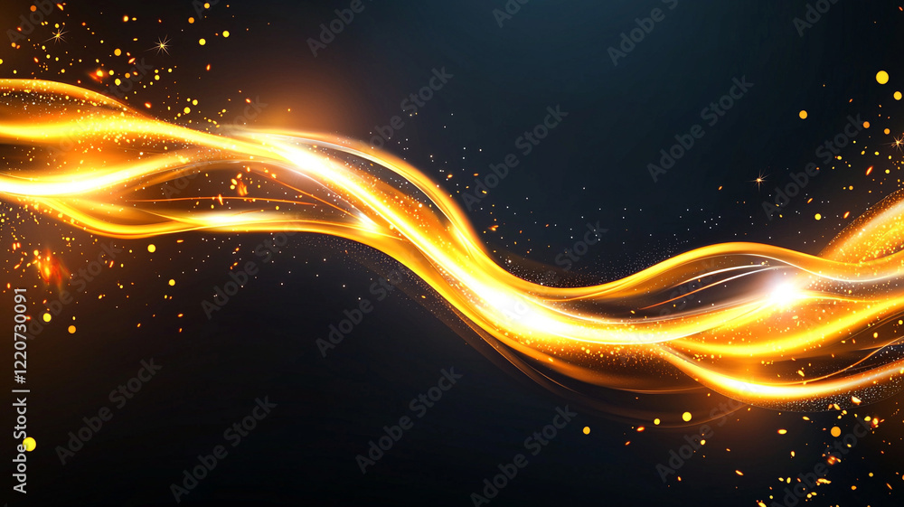 Poster abstract background with a dynamic golden wave, sparkling particles and a dark backdrop. perfect for