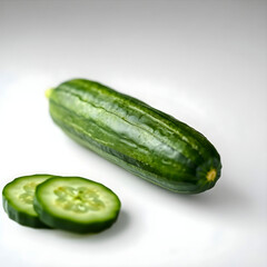 Cucumber and cucumber slices isolated on a white surface,highlighting its freshness and simplicity. 