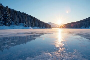Fototapeta premium Frozen lake's icy surface glistens as the sun's rays peek through, snow, peaceful