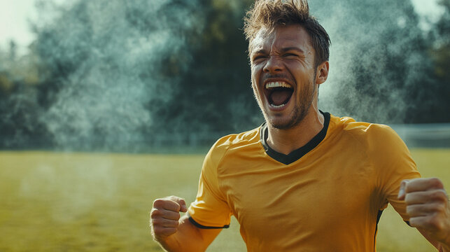 Excited male soccer player celebrates victory with a joyful shout on the field, showcasing enthusiasm and passion for the sport in bright yellow jersey