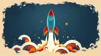 Fototapeta premium A colorful rocket launching amidst vibrant flames and waves, set against a dark blue background, symbolizing adventure and exploration.