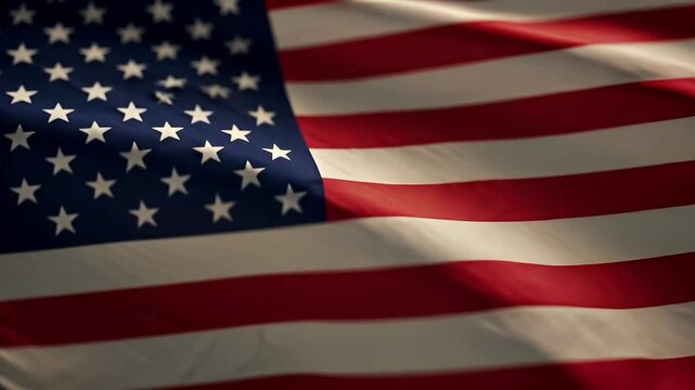 Close-up view of a waving American flag with the air occupying the entire screen in cinematic style
