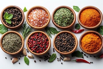 Assortment of Aromatic Spices and Herbs in Wooden Bowls