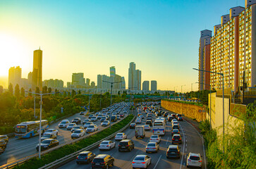 South Korea - January 24, 2025: Skyscrapers and traffic outside Seoul Station, Seoul, South Korea