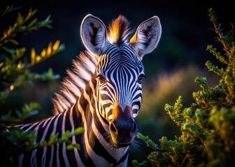 Obraz premium Funny Zebra Peeking Through Darkness: Low-Light Wildlife Photography