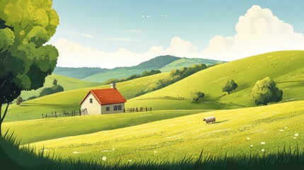 A peaceful countryside with rolling green hills, a small farmhouse, and grazing sheep
