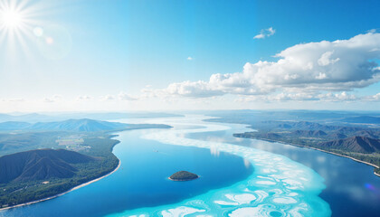 Ethereal river meanders through vibrant landscape, serene beauty