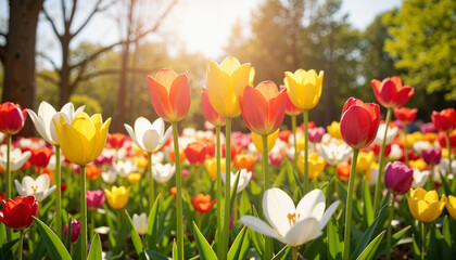Vibrant tulips swaying in a blooming garden, springtime beauty