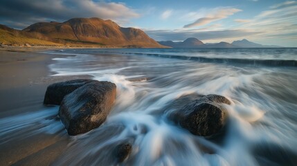 A waves gently washing over smooth rocks at a quiet beach.