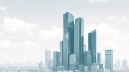 Fototapeta premium A modern skyline featuring tall, sleek skyscrapers, set against a light, cloudy sky, showcasing contemporary architectural design.