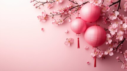 Festive pink chinese lanterns and cherry blossoms for new year decoration