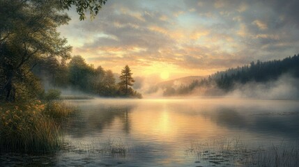 Obraz premium A peaceful sunrise over a tranquil lake with mist rising from the water