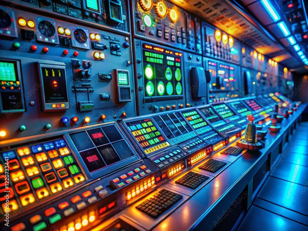 Poster futuristic control room: sleek interface with multiple screens and buttons - stock photo