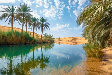 Obraz premium A body of water surrounded by palm trees