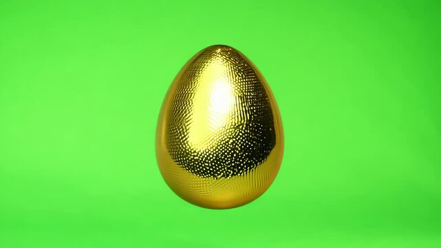 Colorful gold one egg on green background. Single golden Easter egg spinning on green screen. Happy holiday Animated Greeting Card Frame Template. Decorated painted eggs. Chroma key. Motion graphics