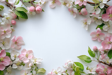 Obraz premium Beautiful Spring Border with Blooming Apple Tree Flowers on White Background and Floral Frame Design Featuring Pink and Green Blossoms for Springtime Templates and Creative Copy Space Generative AI