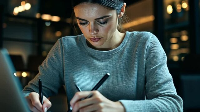 Businesswoman seated in a minimalist workspace, pen in hand, analyzing detailed stock market data displayed on her laptop.