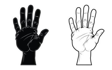 Two hands silhouette icon and hand icon outline sketch, isolated vector silhouette of human hand five fingers on white background.