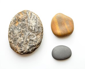 a round piece of sandstone and one pebble on white background, top view, stock photo,