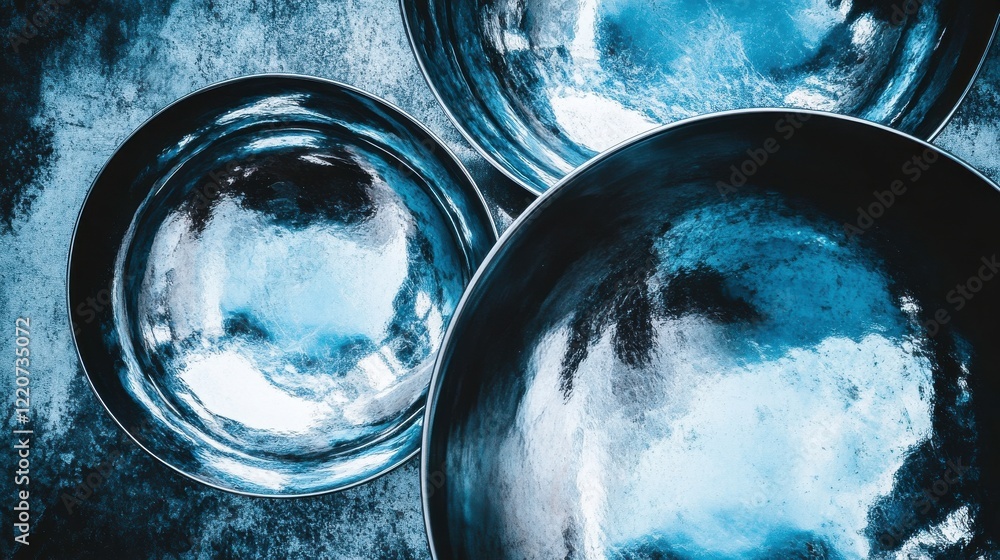 Poster soft reflections on metallic bowls with abstract patterns