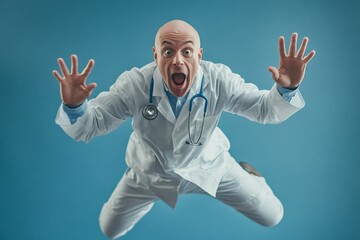 Excited doctor wearing lab coat jumping and screaming with open arms