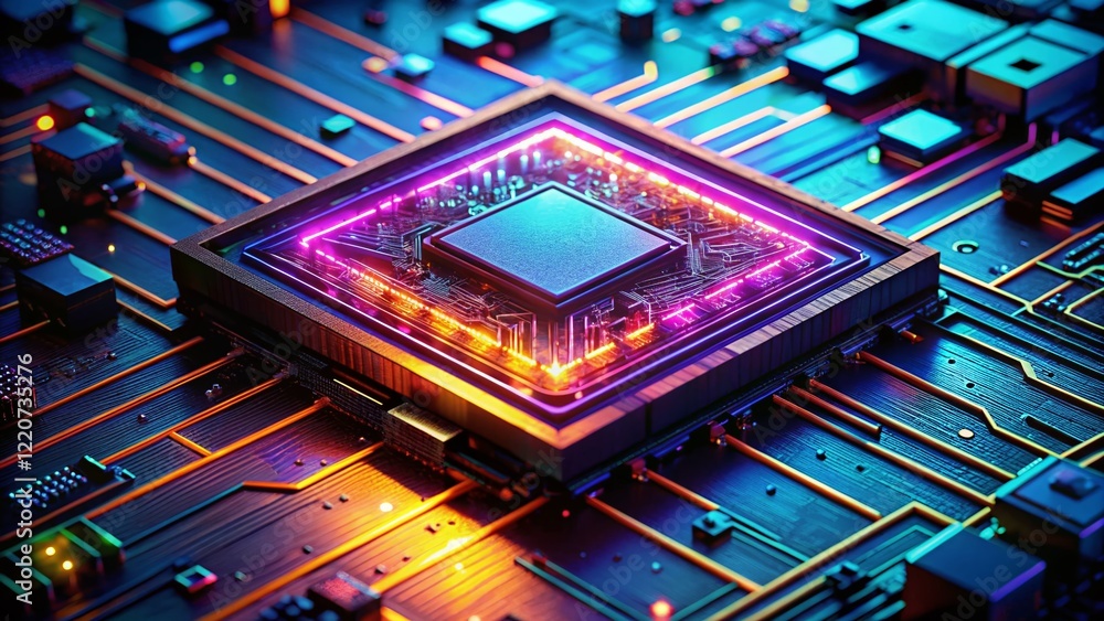 Aufkleber futuristic microchip: glowing cyberpunk circuits in high-tech lab