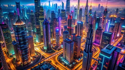 Futuristic Megacity Aerial View: Hovering Vehicles & Illuminated Skybridges