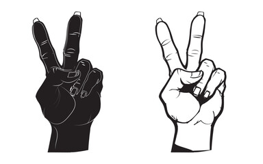 black hand icon silhouette and hand outline or sketch with two fingers style isolated on white background,