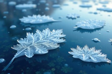 Frozen lake with intricate ice crystal formations resembling miniature leaves, icy lakes, leaves