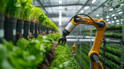 A robotic arm picks plants in a greenhouse, demonstrating automation and the plant milking process using aeroponics for ingredient extraction in sustainable farming
