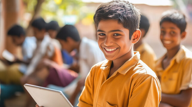 a indian rural happy young college boy reading with a tab in school