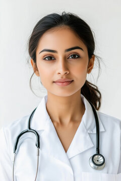 a indian women MBBS Student with white background