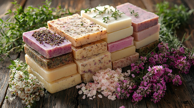 Handmade herbal soaps stacked on rustic wood with flowers