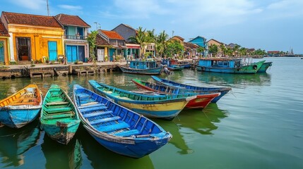 A quaint fishing village with colorful boats docked at the harbor
