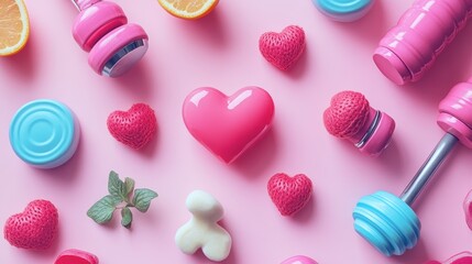Creative flat lay design of health and insurance concepts with fitness equipment and heart shapes