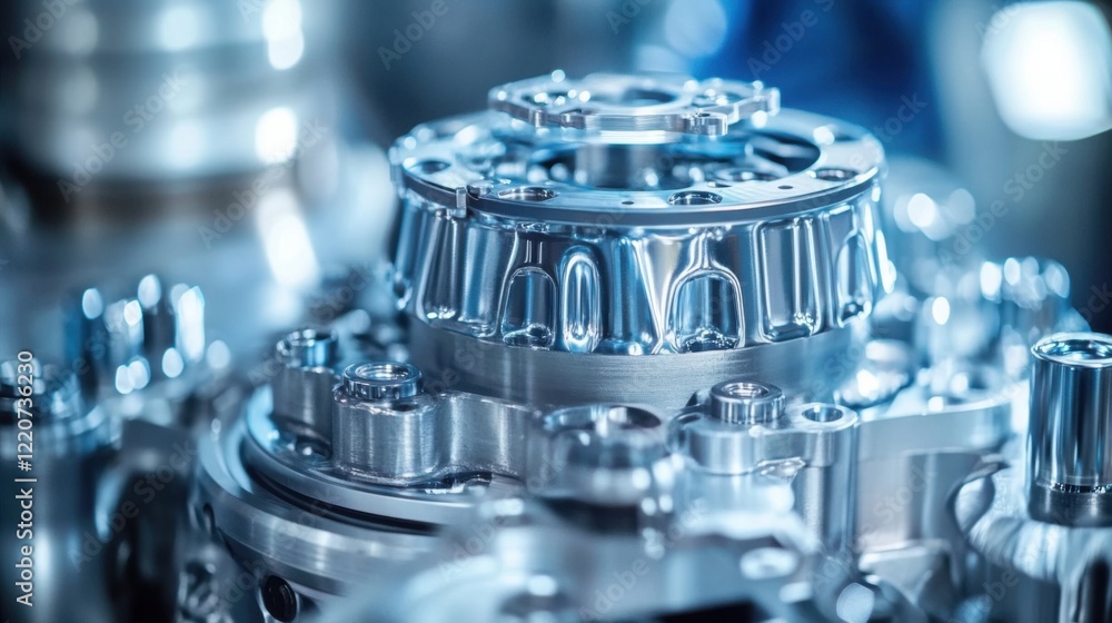 Poster close-up of intricate metallic machinery components showcasing precision engineering in a workshop