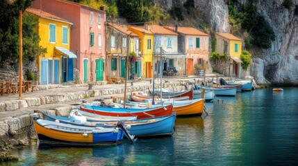 Fototapeta premium A quaint fishing village with colorful boats docked at the harbor
