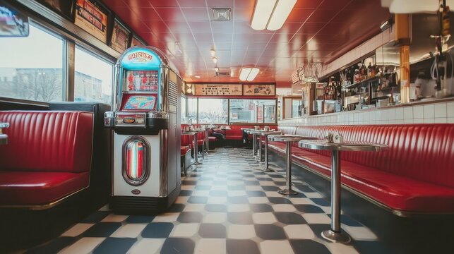 A retro-style diner with checkered floors, red booths, and a jukebox