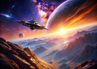 Obraz premium Futuristic Spaceship Landing on Alien Planet - Rule of Thirds Composition