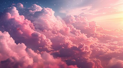 Pastel pink clouds with floating hearts and soft sparkles, copy space