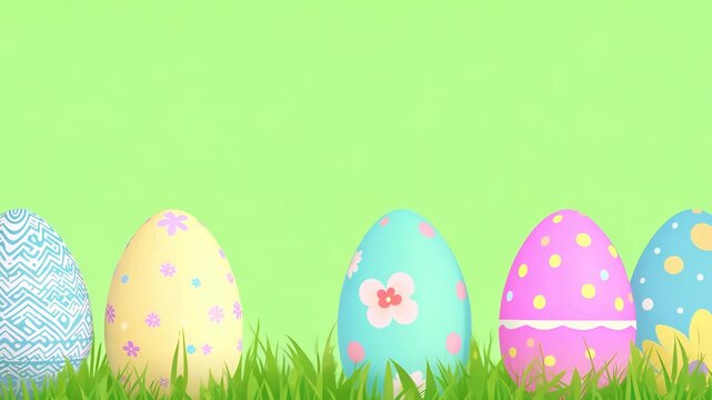 Colorful ornate eggs on green background. Painted Easter eggs in a grass meadow on green screen. Happy Easter holidays Animated Greeting Card Frame Template. Bunnies. Chroma key. Motion graphics 4k