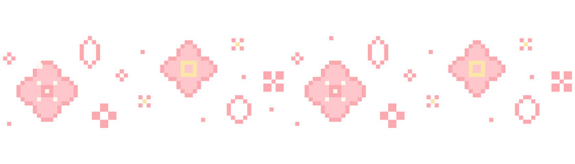 Sakura pixel seamless border, cherry flowers, petal blossom. 8 bit retro game decoration. Chinese plum spring ornament. © Alyona