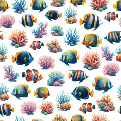 Seamless Vector Pattern with Beautiful Watercolor Illustrated Tropical Fish and Corals on White Background © Mantella