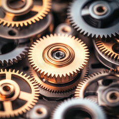 A close up of a group of gears, one of which is gold