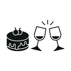 Wine glass drink and cheesecake food icon with a sleek and minimalist flat design, featuring clean lines and a modern aesthetic, perfect for contemporary UI/UX projects and food-related branding.